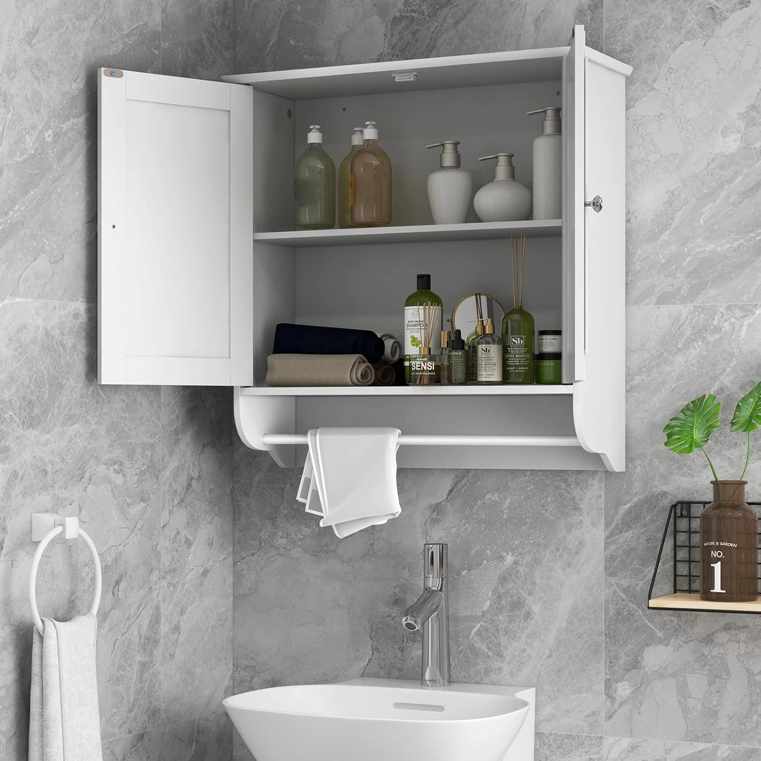 Wall mounted bathroom storage cupboard with adjustable inner shelf
