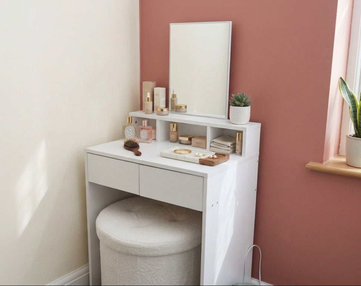 Modern white vanity makeup desk with mirror, two drawers and minimalist design