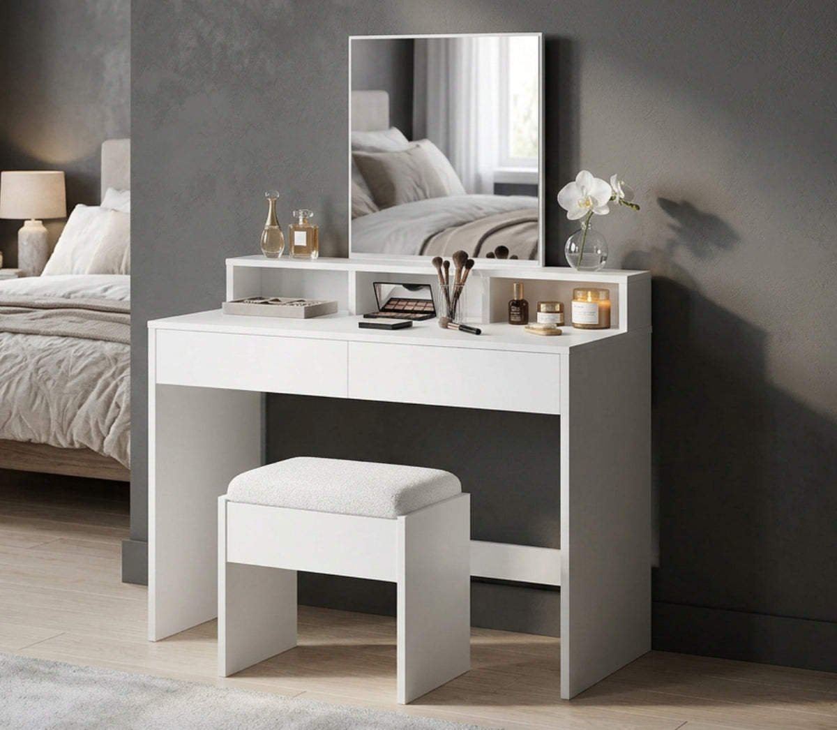 White dressing table with large mirror and two drawers for a modern bedroom