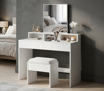 White dressing table with large mirror and two drawers for a modern bedroom