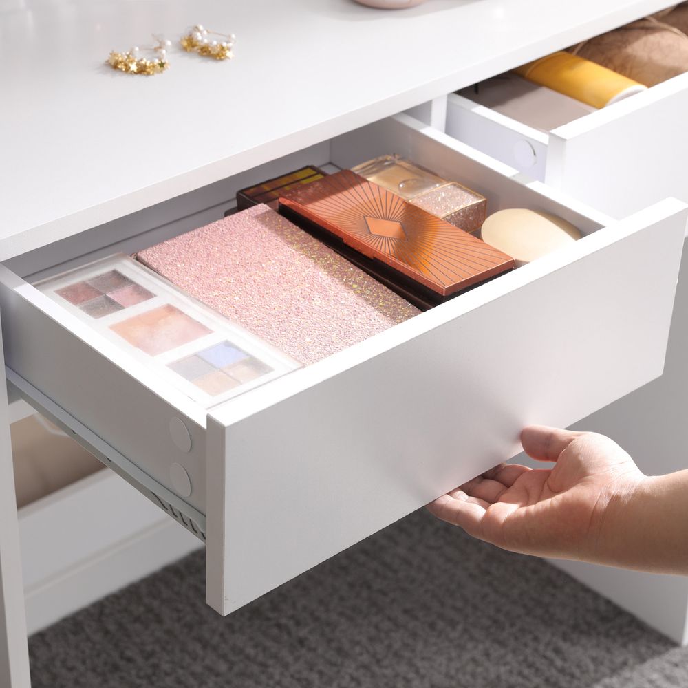 White dressing table featuring two storage drawers for cosmetics and beauty essentials