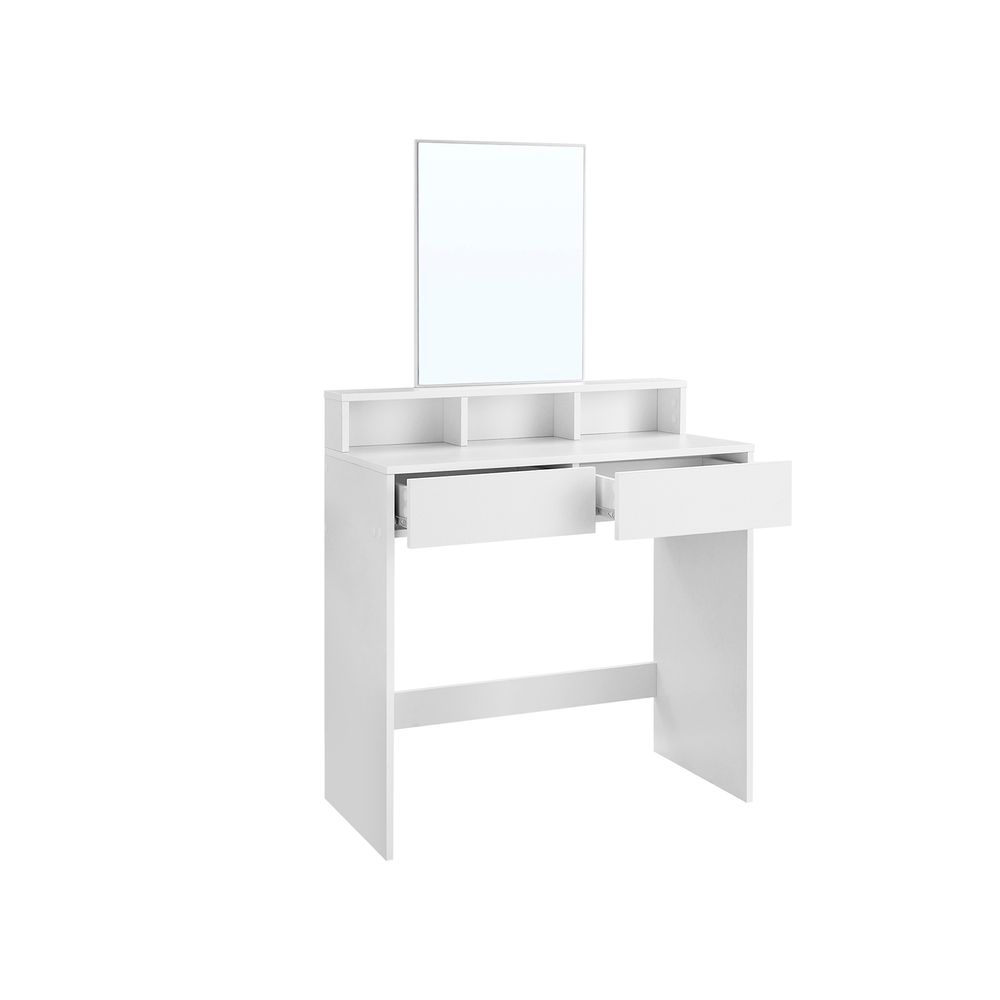 White makeup vanity desk with three open compartments for organising beauty accessories