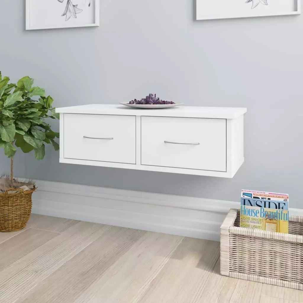 White Floating Drawer Shelf Wall Cabinet Small Storage Console Table