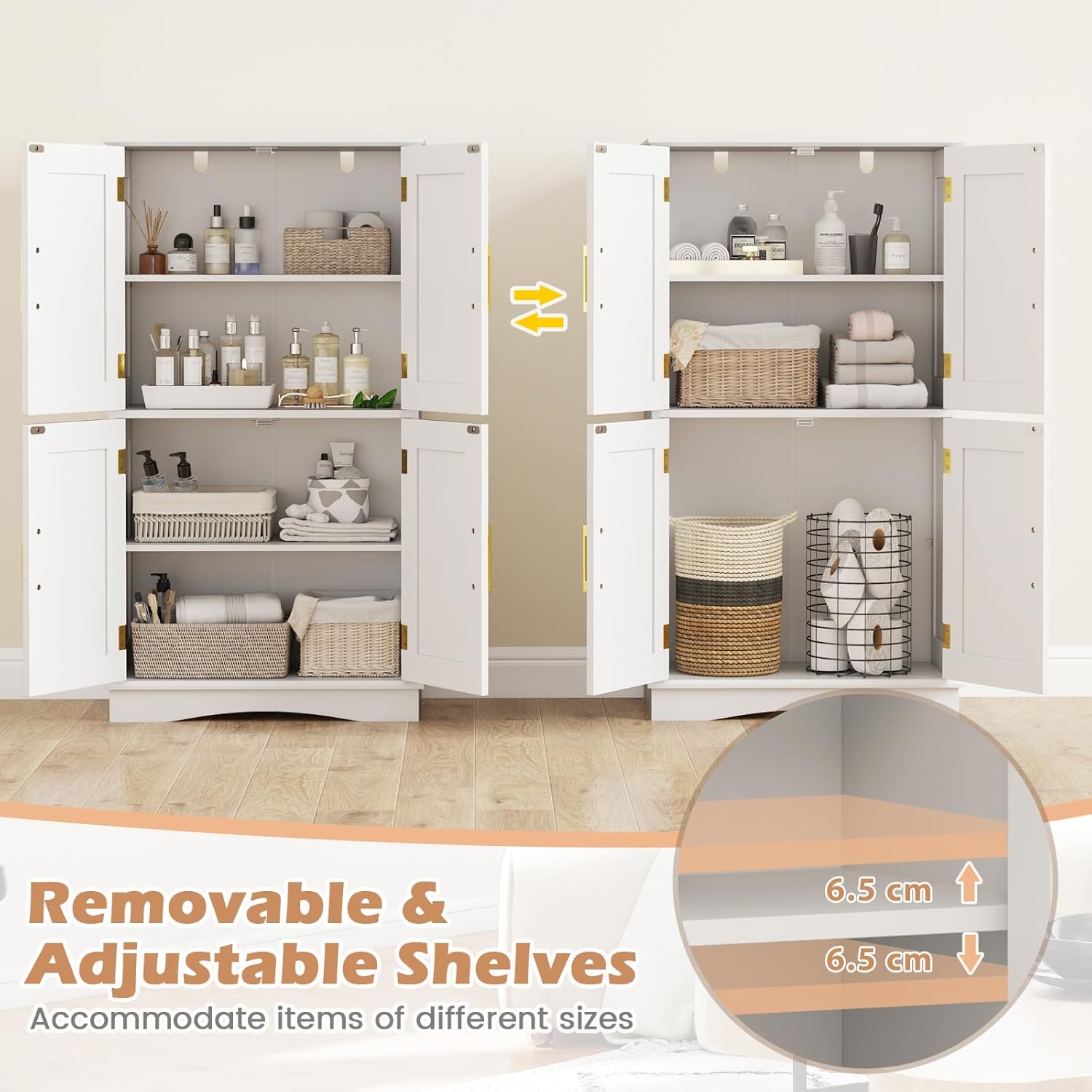 Freestanding wooden cupboard with doors and shelves