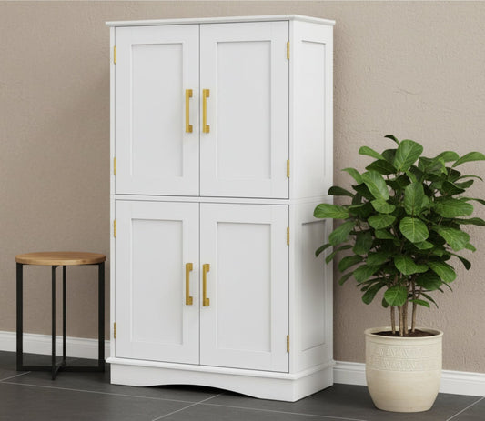 White freestanding kitchen larder unit with four doors and golden handles