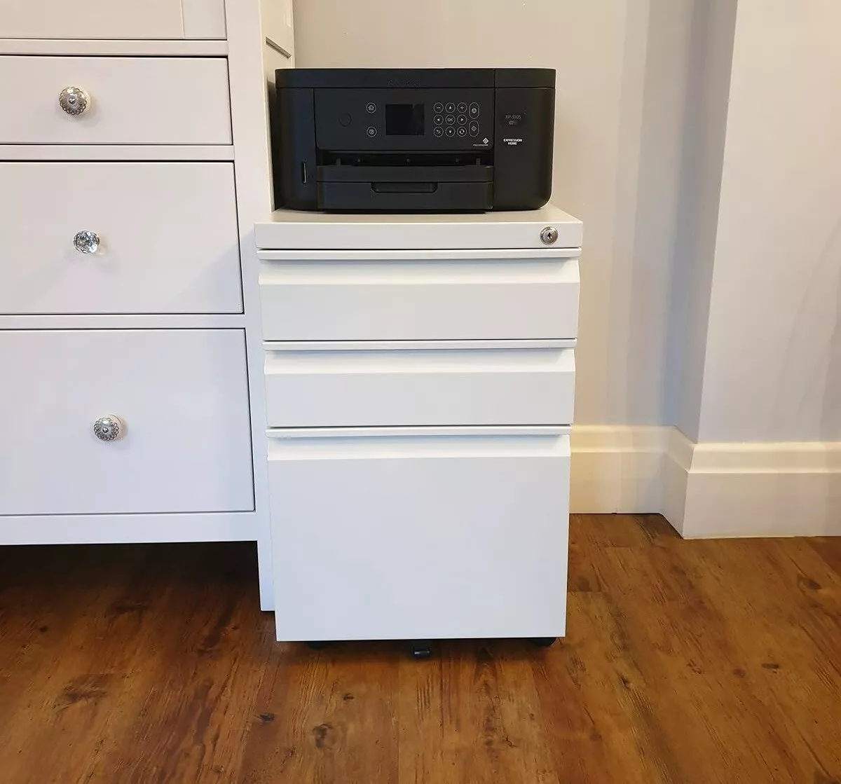 white filing cabinet with 3 drawers and wheels - My Unique Furnishings