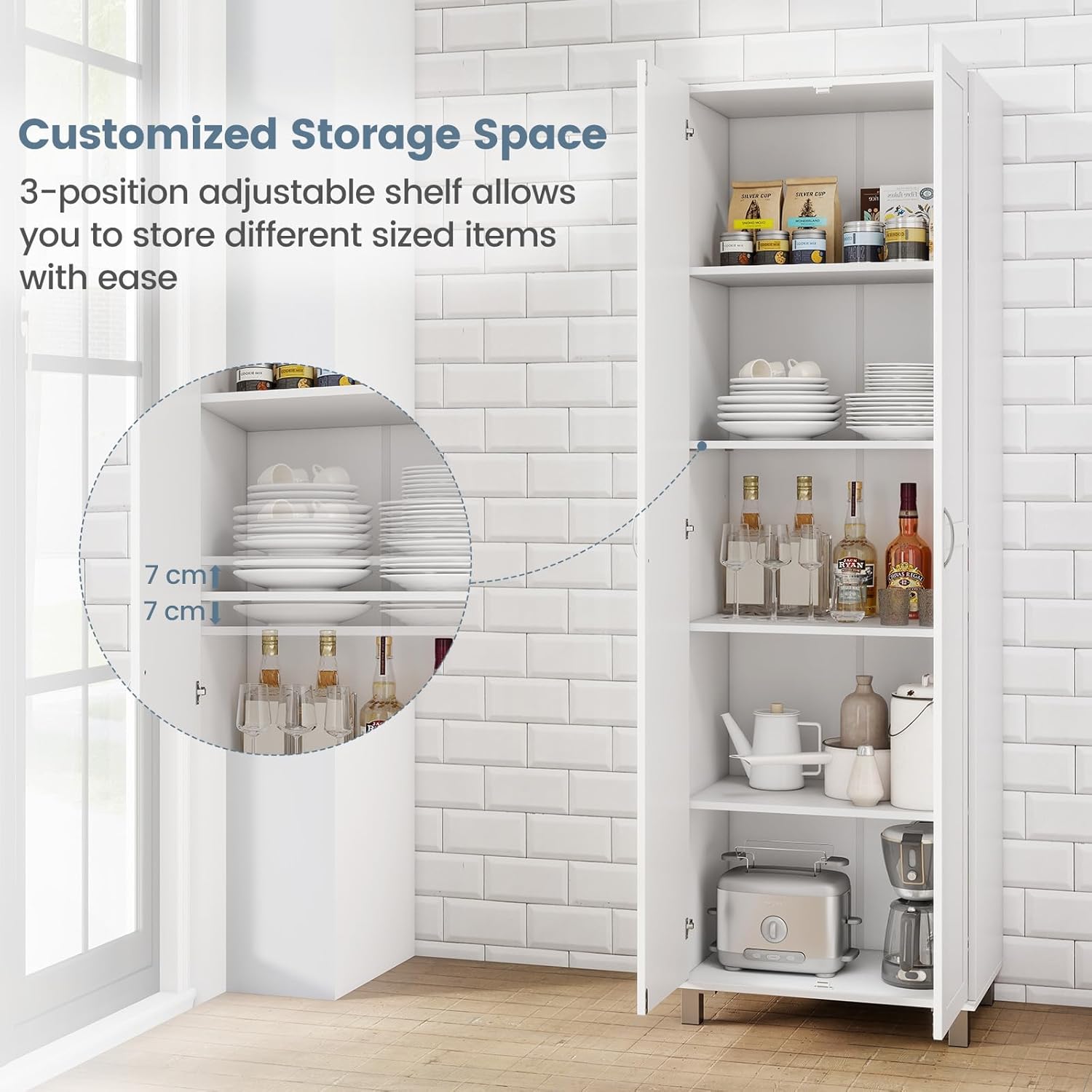 Tall freestanding wooden storage cabinet with doors and multiple compartments