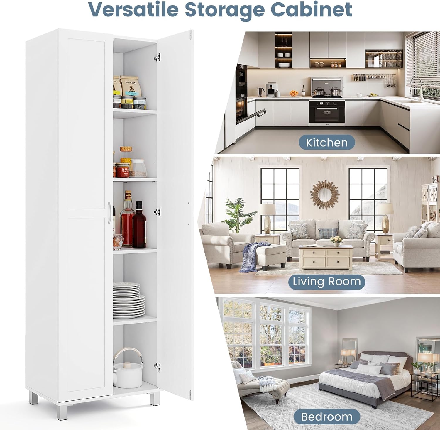 Freestanding storage cupboard with raised feet and non slip pads for stability