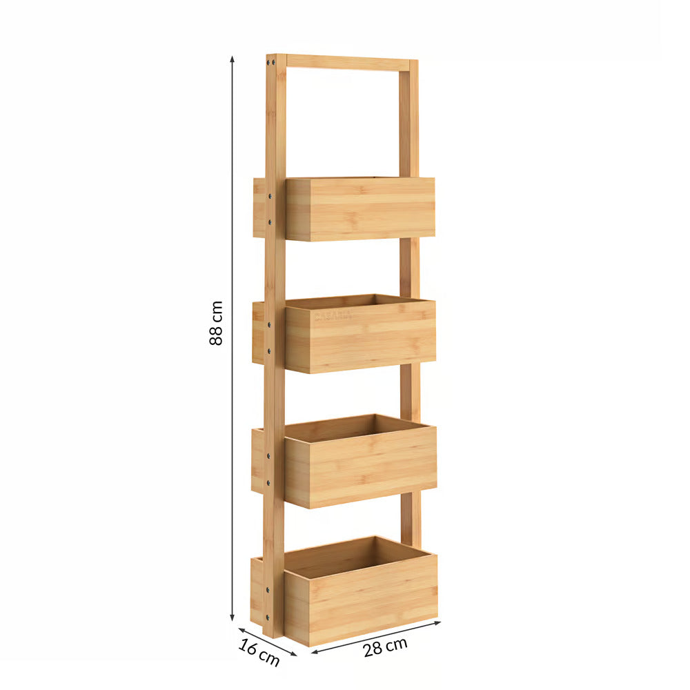 Four-tier bamboo bathroom shelf for organising toiletries and skincare products