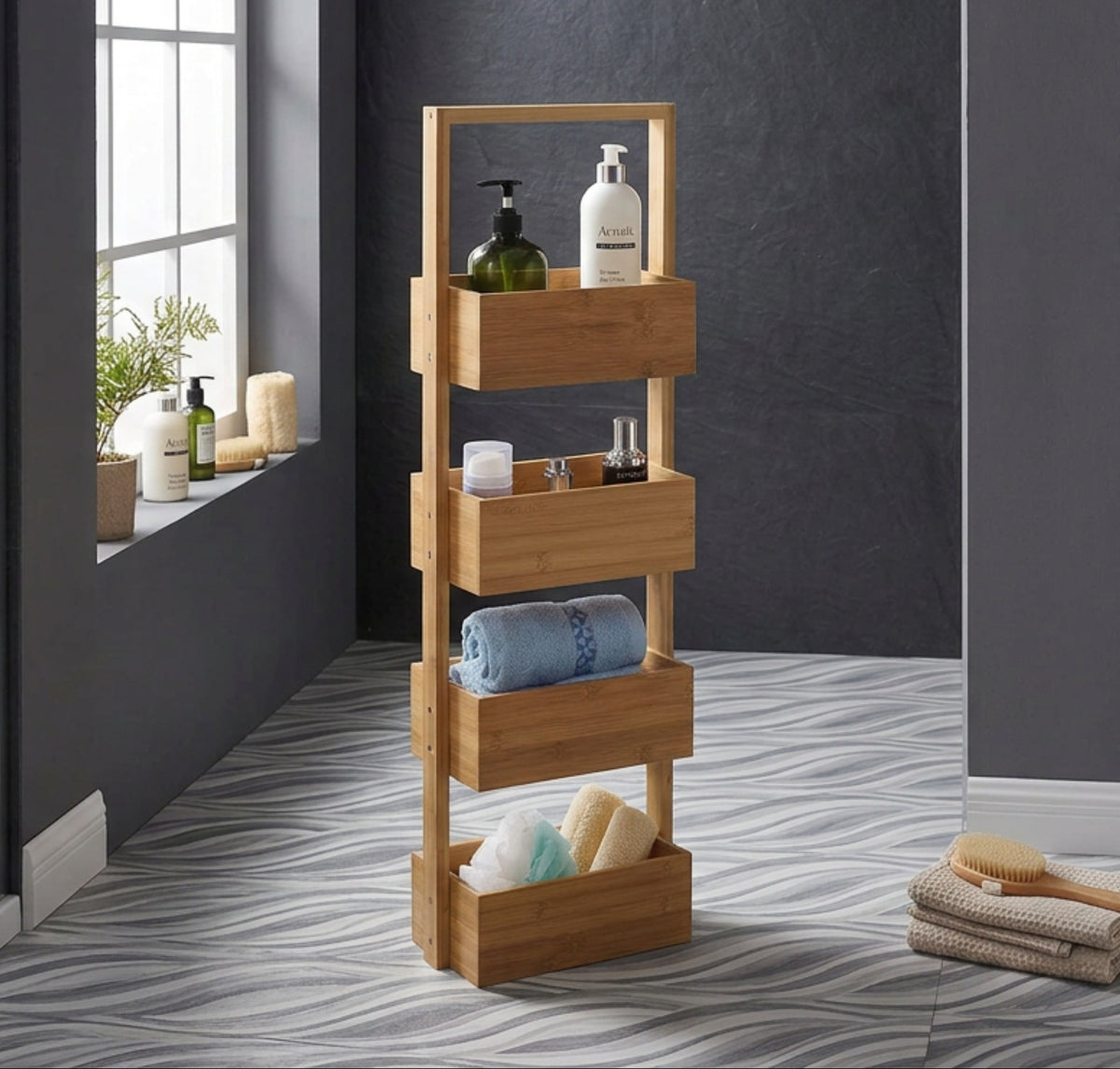 Four-tier bamboo bathroom storage rack with natural brown finish