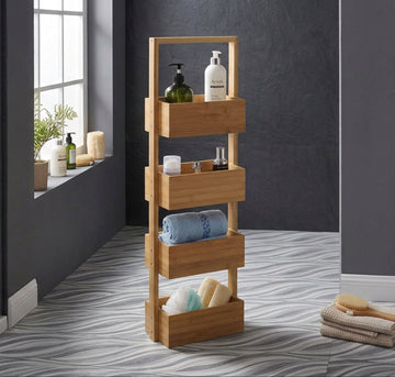 Four-tier bamboo bathroom storage rack with natural brown finish