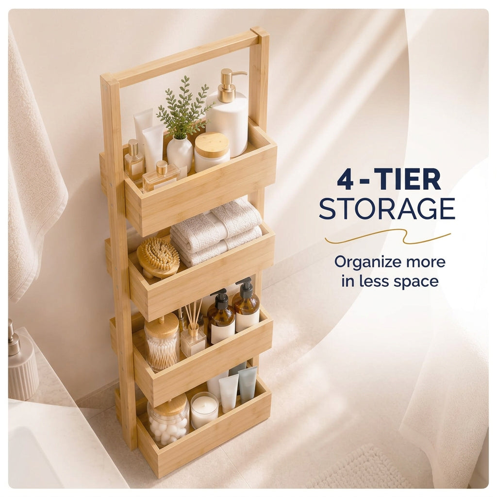 Freestanding bamboo shelving unit with four open shelves for home storage