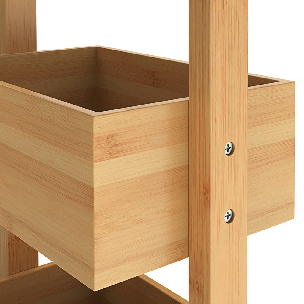 Close-up of natural bamboo shelves on a rustic bathroom storage unit