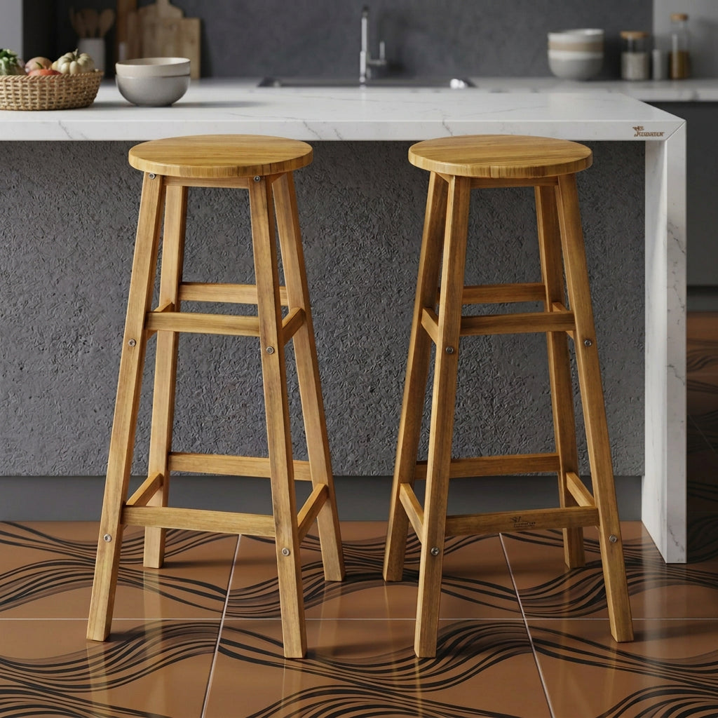 Set of 2 round wooden bar stools made from natural acacia wood