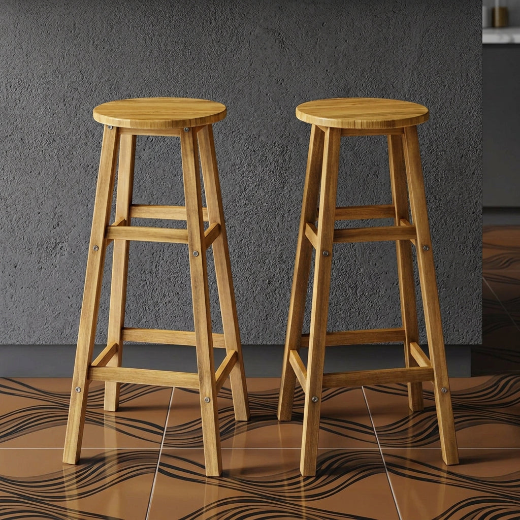 Natural acacia wood grain finish on a rustic wooden bar stool