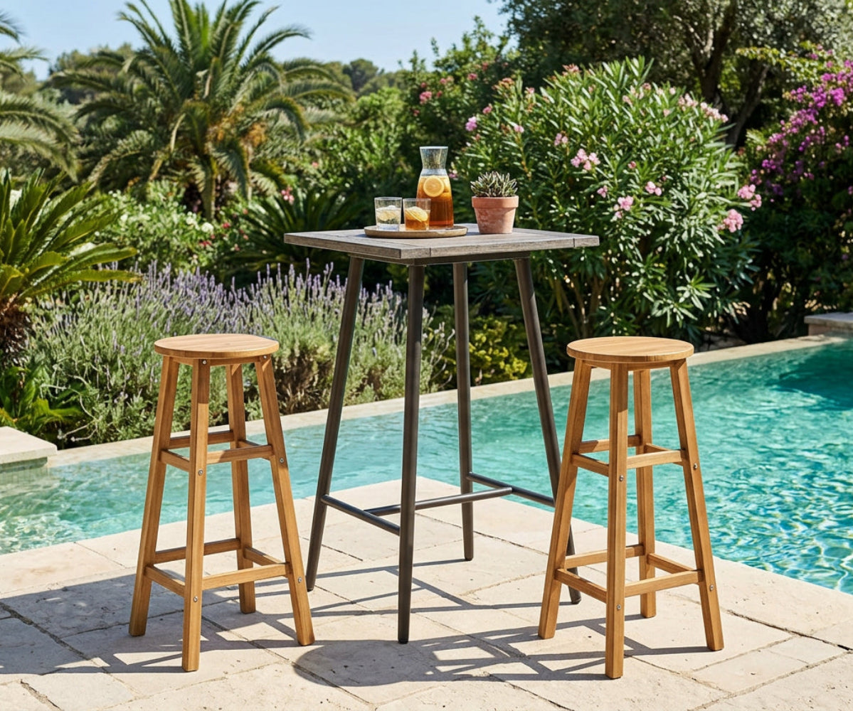 Wooden counter height bar stool in a patio with integrated footrest and rounded seat