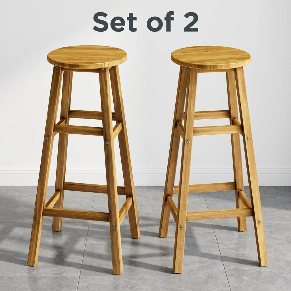 Rustic acacia wood bar chairs with round seats and sturdy wooden legs