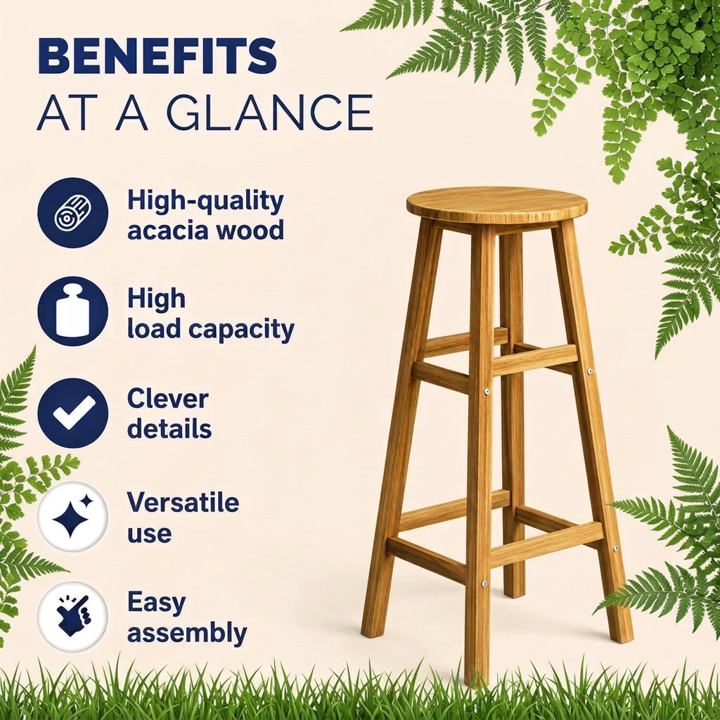 Wooden bar stool with built-in footrest for comfortable counter seating